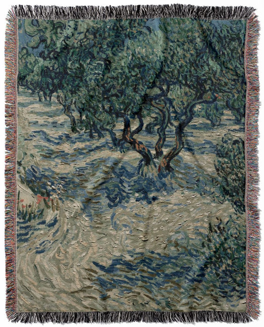Sage Green woven throw blanket, made with 100% cotton, featuring a soft and cozy texture with an olive grove by Van Gogh design for home decor.