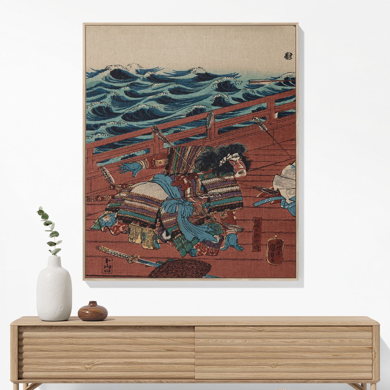 Warrior on a Boat Woven Blanket Hanging on a Wall as Framed Wall Art