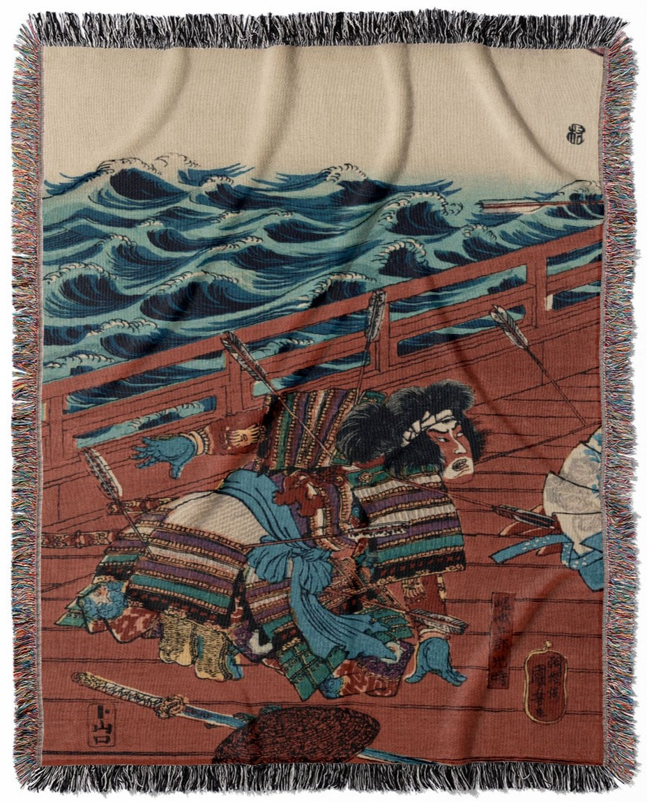 Warrior on a Boat woven throw blanket, crafted from 100% cotton, offering a soft and cozy texture with a Japanese woodblock print design for home decor.