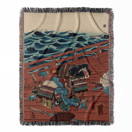 Warrior on a Boat woven throw blanket, crafted from 100% cotton, offering a soft and cozy texture with a Japanese woodblock print design for home decor.