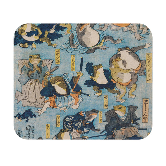 Samurai Frogs Mouse Pad with funny Japanese art, desk and office decor showcasing humorous samurai frog illustrations.