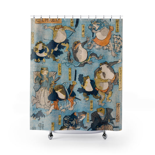 Samurai Frogs Shower Curtain with funny Japanese design, humorous bathroom decor featuring playful samurai frogs.