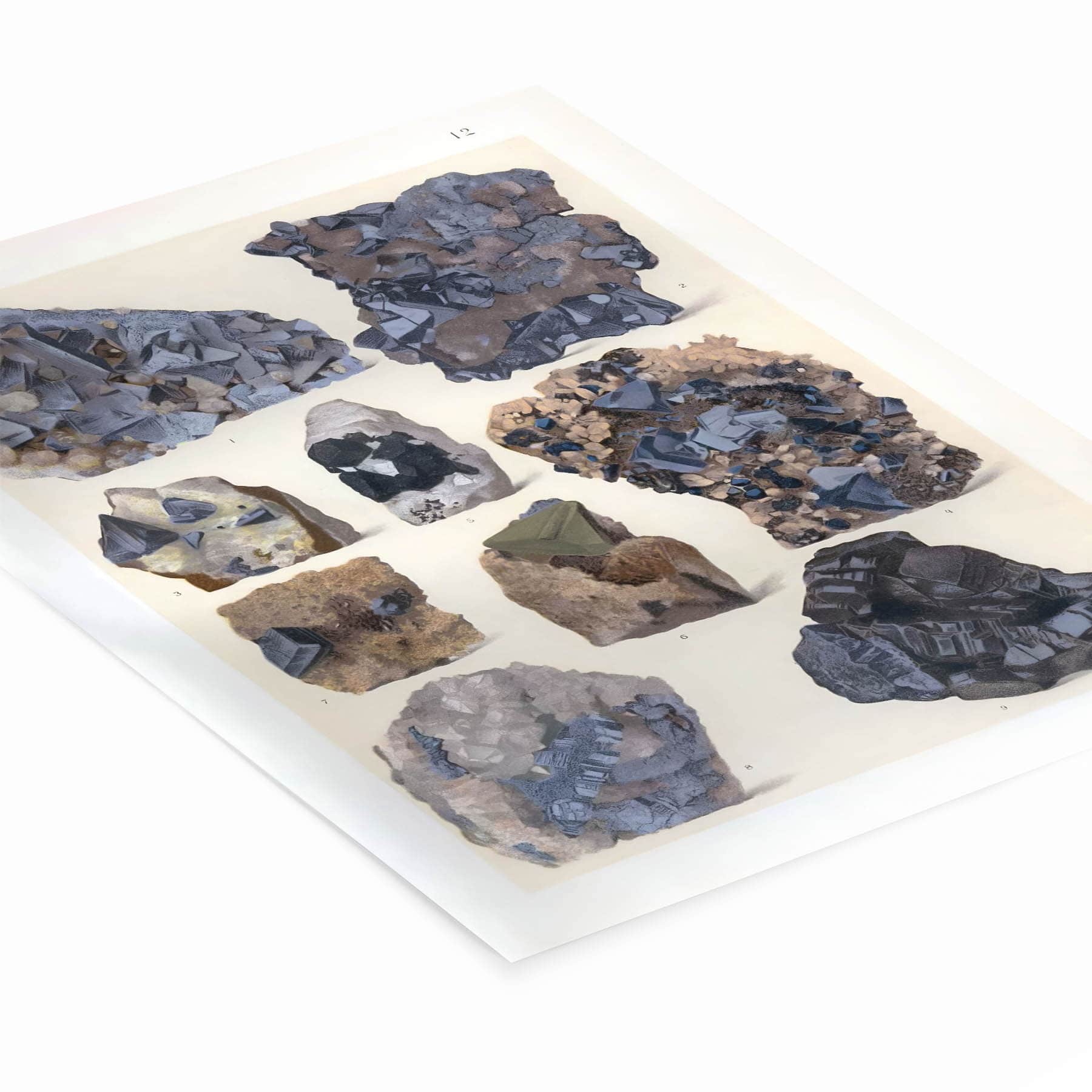 Vintage Rocks and Crystals Art Print Laying Flat on a White Background