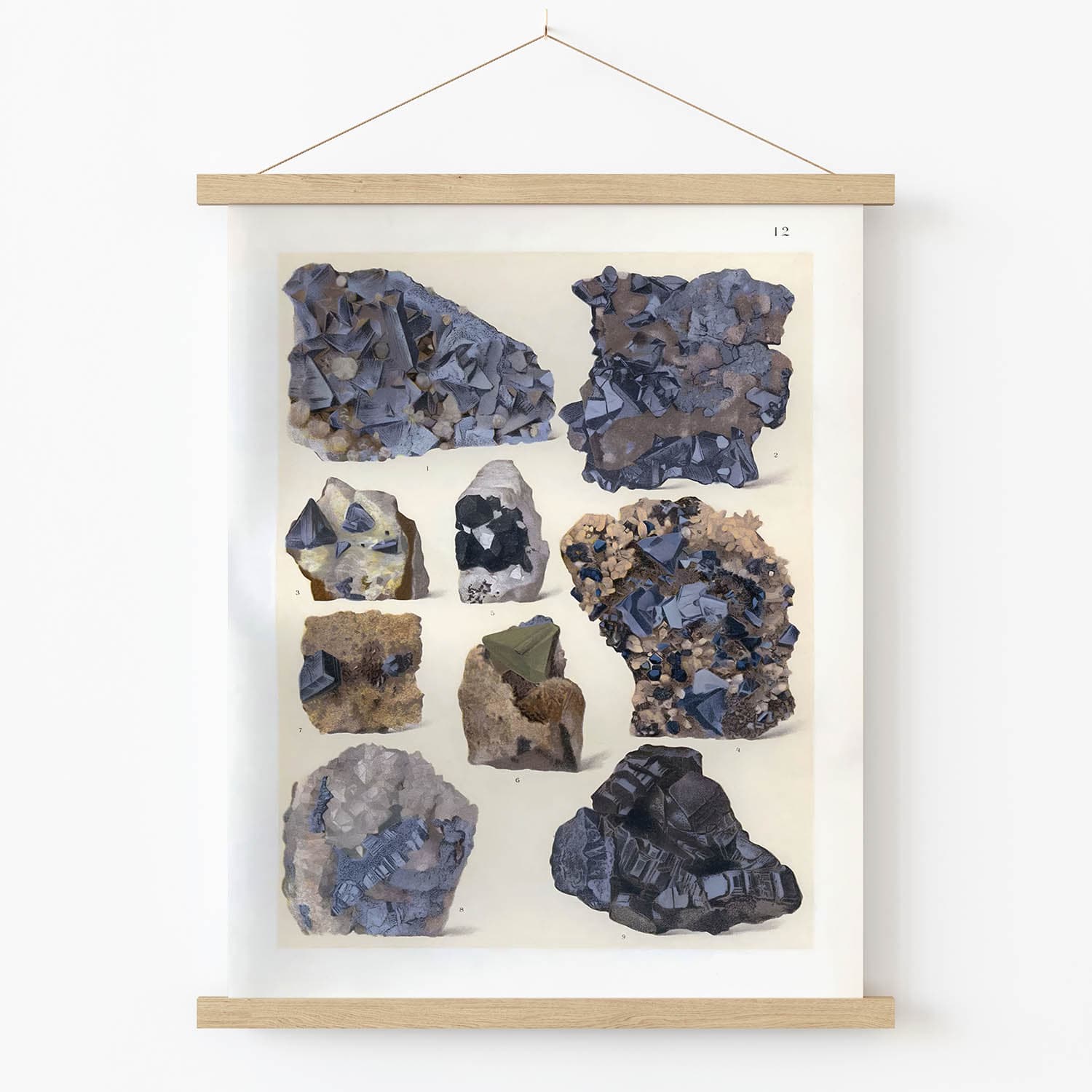 Vintage Rocks and Crystals Art Print in Wood Hanger Frame on Wall