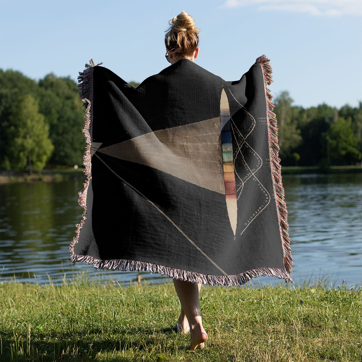Scientific Woven Blanket Held on a Woman's Back Outside