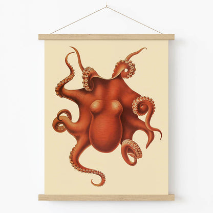 Orange Red Octopus Art Print in Wood Hanger Frame on Wall