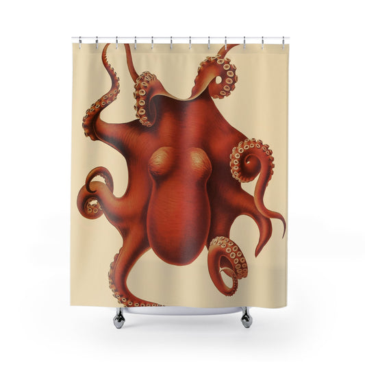 Sea Creature Shower Curtain with orange-red octopus design, marine-themed bathroom decor featuring vibrant sea life.