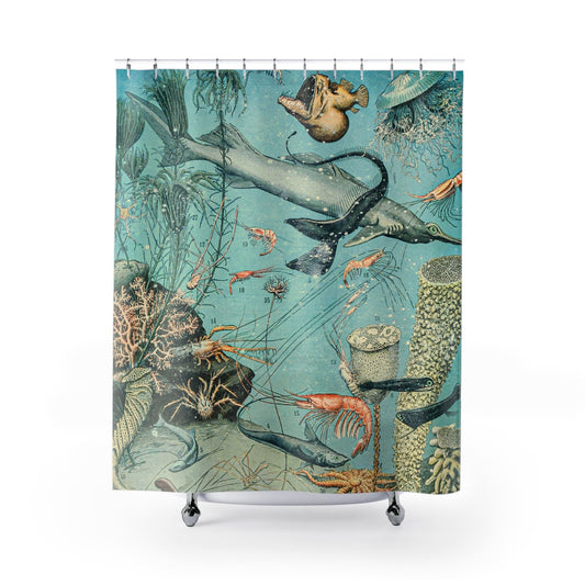 Sea Life Shower Curtain with shrimp and sharks design, marine-themed bathroom decor showcasing diverse sea creatures.