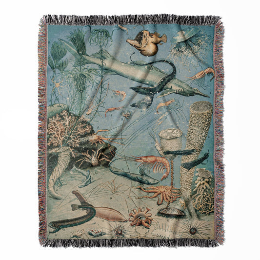 Sea Life woven throw blanket, crafted from 100% cotton, delivering a soft and cozy texture with shrimp and sharks designs for home decor.