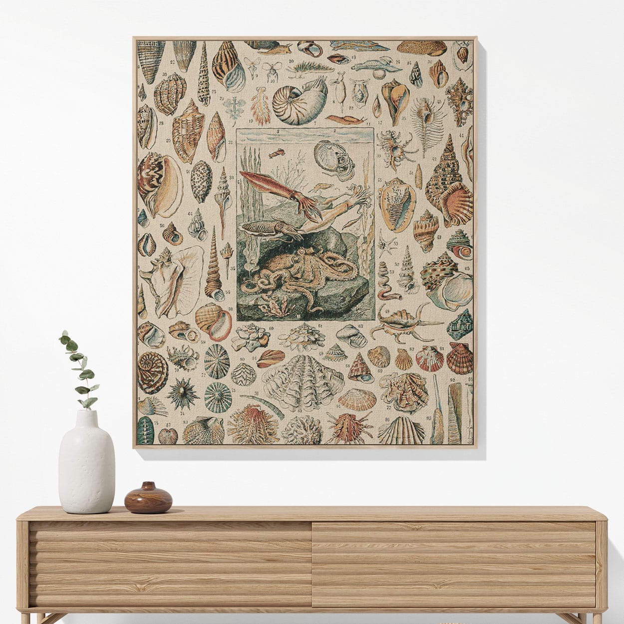 Seashells Woven Blanket Hanging on a Wall as Framed Wall Art