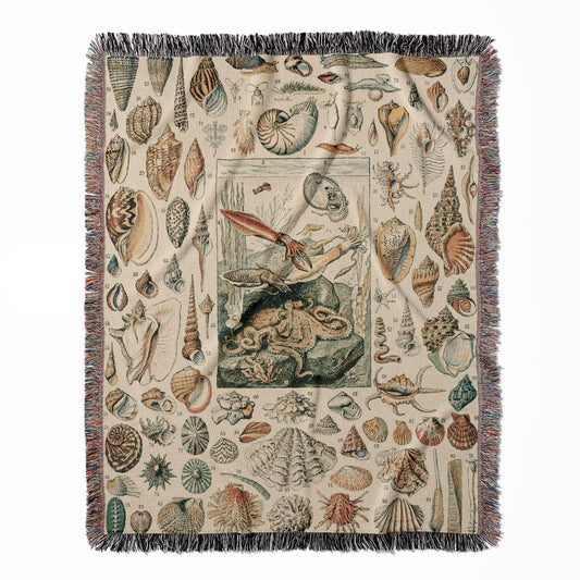 Seashells woven throw blanket, made of 100% cotton, featuring a soft and cozy texture with a beach theme for home decor.
