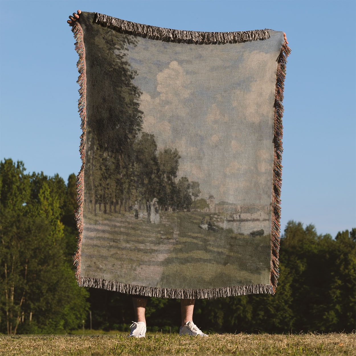 Seaside Woven Throw Blanket Held Up Outside