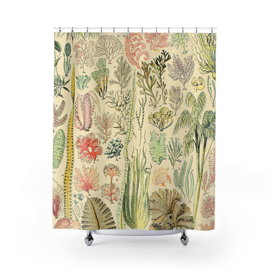 Seaweed Shower Curtain with ocean plant chart design, marine-themed bathroom decor featuring detailed seaweed illustrations.