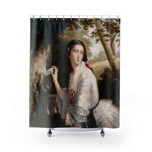 Secret Romance Shower Curtain with lover's letterbox design, romantic bathroom decor featuring intimate letter themes.