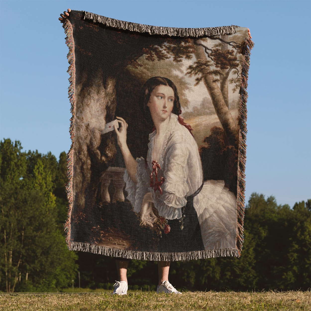 Secret Romance Woven Throw Blanket Held Up Outside