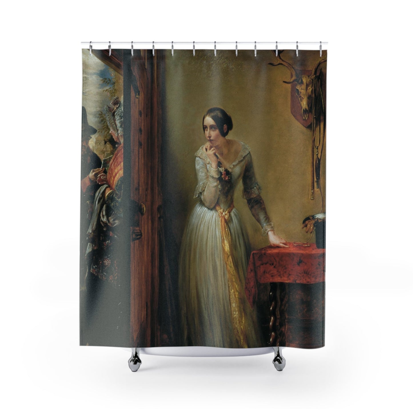 Secretly Waiting Shower Curtain with Victorian era design, historical bathroom decor showcasing Victorian themes.