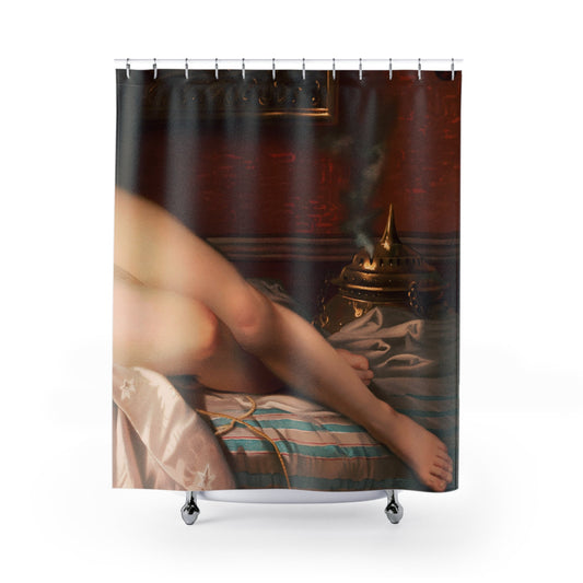 Sensual Female Shower Curtain with Sleeping Beauty design, enchanting bathroom decor featuring elegant beauty themes.
