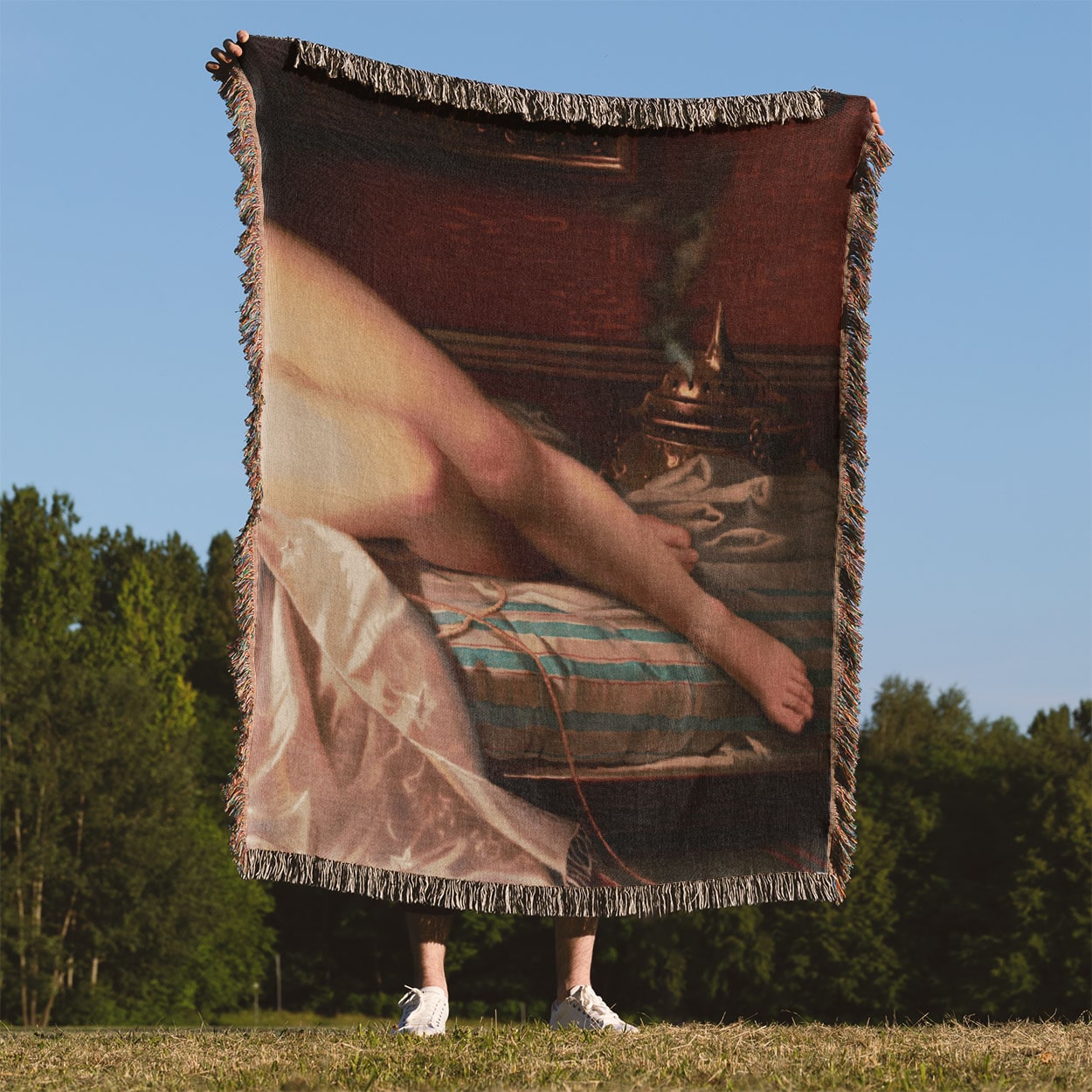 Sensual Female Woven Blanket Held Up Outside