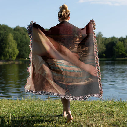 Sensual Female Woven Blanket Held on a Woman's Back Outside