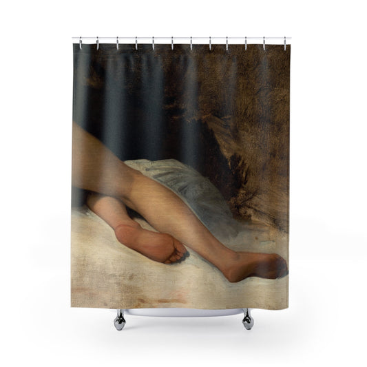 Sensual Posing Shower Curtain with soft nude legs design, artistic bathroom decor featuring tasteful sensual themes.