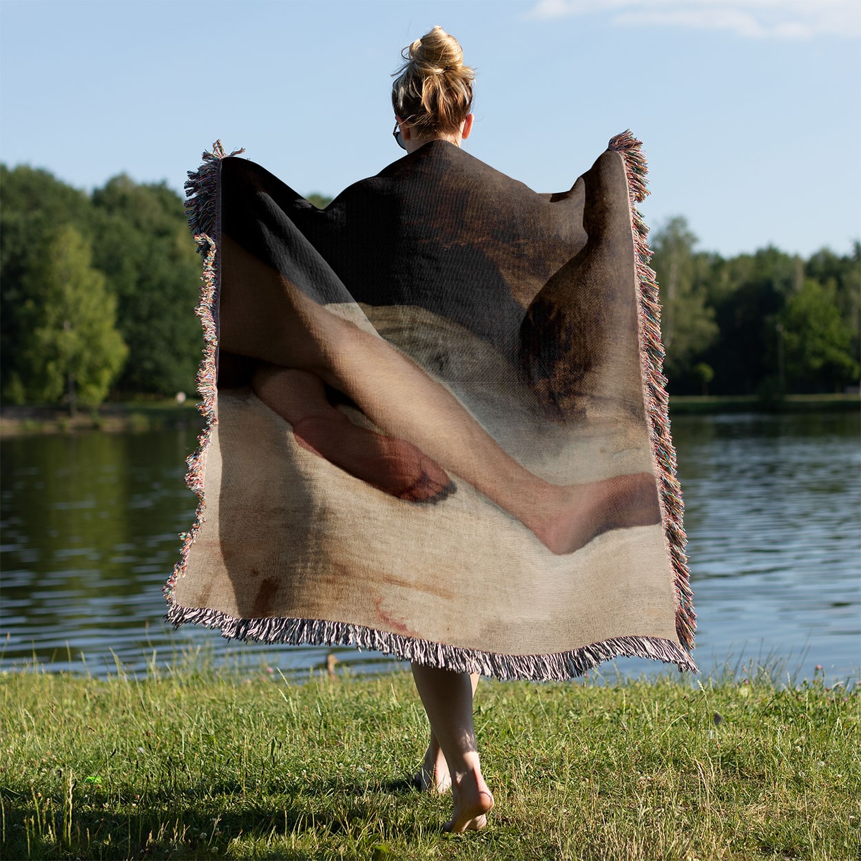 Sensual Posing Woven Blanket Held on a Woman's Back Outside