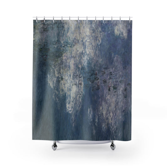 Serene Peaceful Shower Curtain with aesthetic blue design, calming bathroom decor featuring tranquil blue themes.