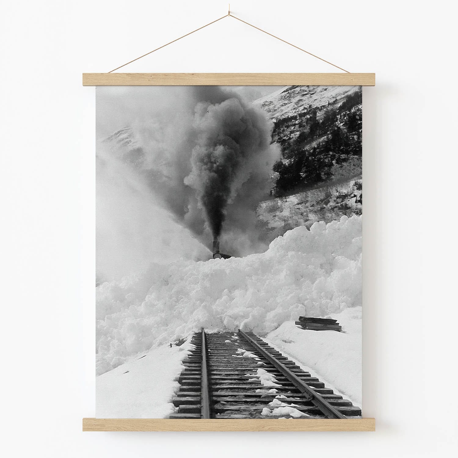 Snow Train Art Print in Wood Hanger Frame on Wall