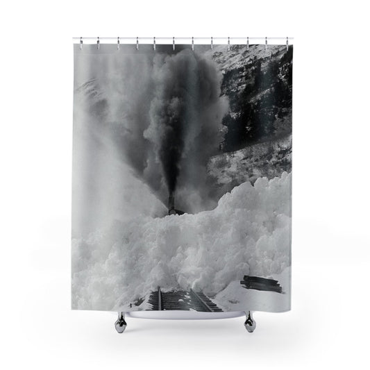 Snow Train Shower Curtain with humor and fun design, playful bathroom decor featuring whimsical snowy train scenes.