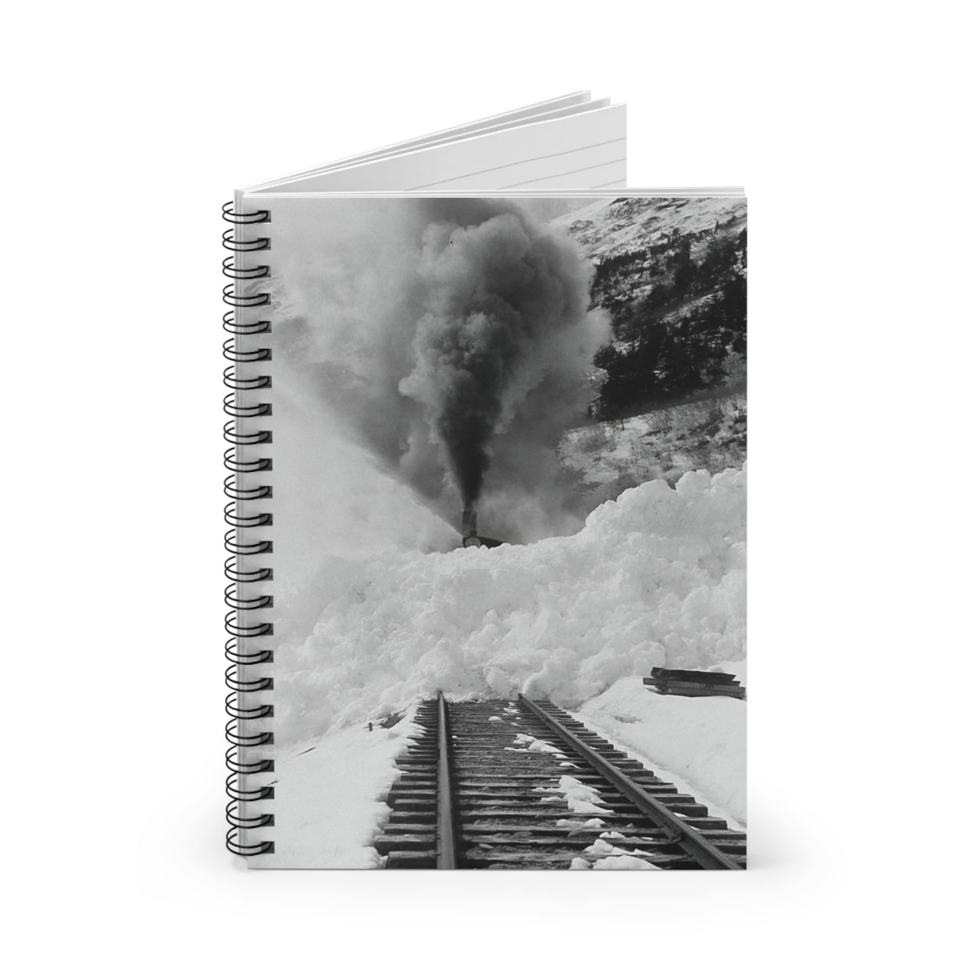 Snow Train Spiral Notebook Standing up on White Desk