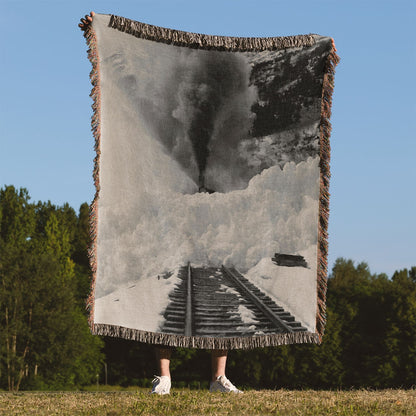 Snow Train Woven Blanket Held Up Outside