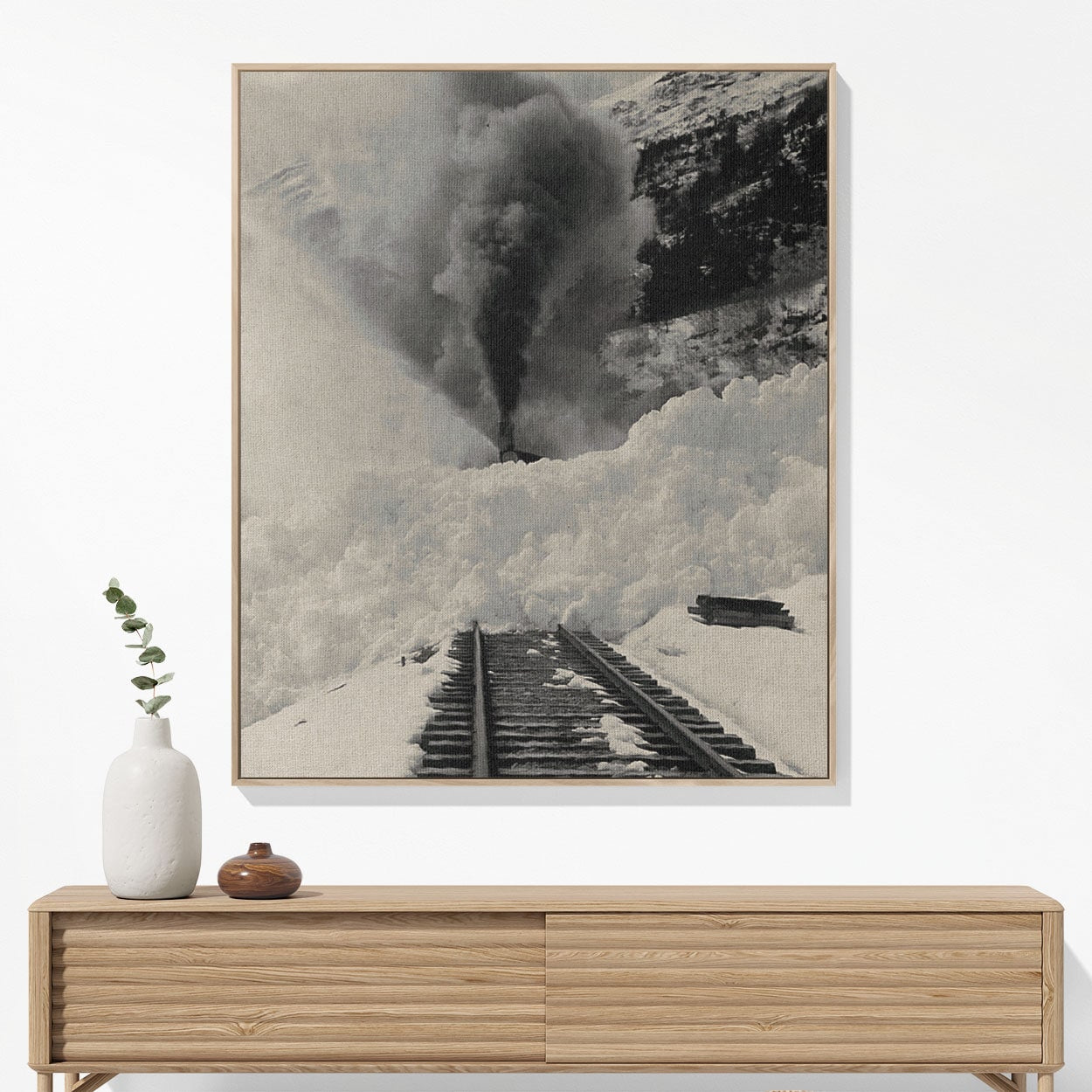 Snow Train Woven Blanket Woven Blanket Hanging on a Wall as Framed Wall Art