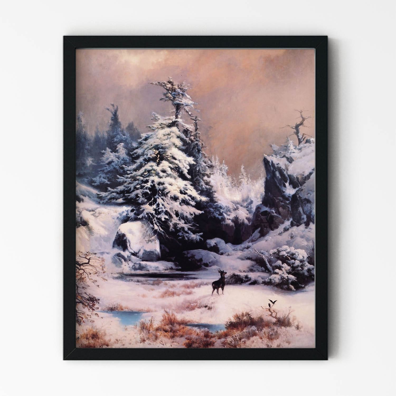 Forest Covered in Snow Painting in Black Picture Frame