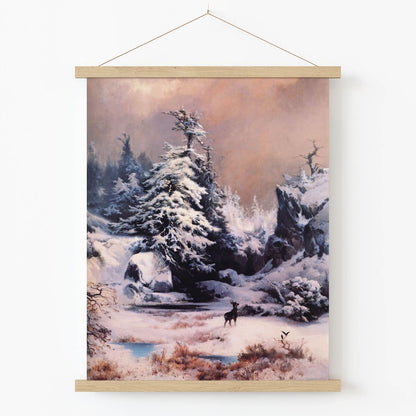 Forest Covered in Snow Art Print in Wood Hanger Frame on Wall
