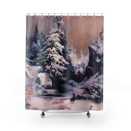 Winter Landscape Shower Curtain with The Rocky Mountains design, scenic bathroom decor featuring picturesque winter views.
