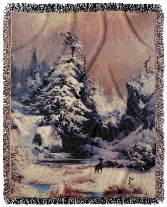Winter Landscape woven throw blanket, crafted from 100% cotton, delivering a soft and cozy texture with a Rocky Mountains theme for home decor.