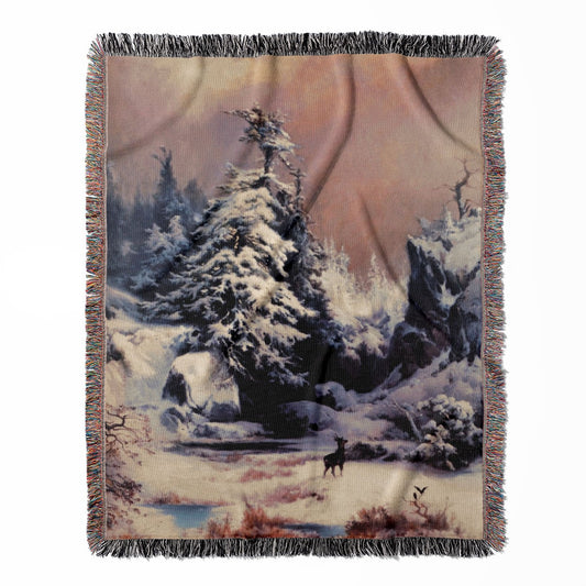 Winter Landscape woven throw blanket, crafted from 100% cotton, delivering a soft and cozy texture with a Rocky Mountains theme for home decor.