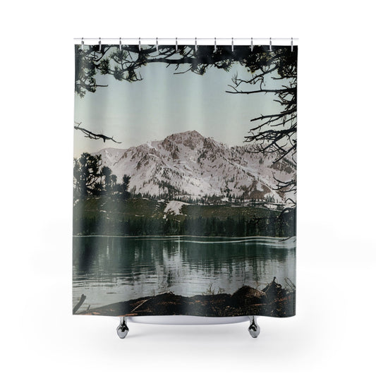 Snowy Mountains Shower Curtain with Mt. Tallac design, scenic bathroom decor featuring picturesque snowy mountain views.