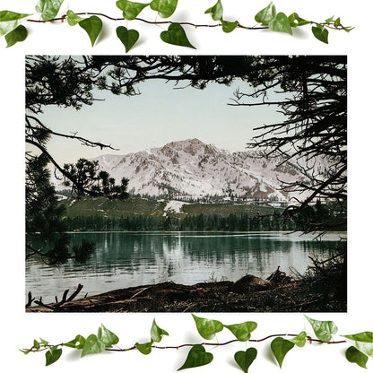 Vintage art print of snowy mountains featuring Mt. Tallac, ideal for wall decor.