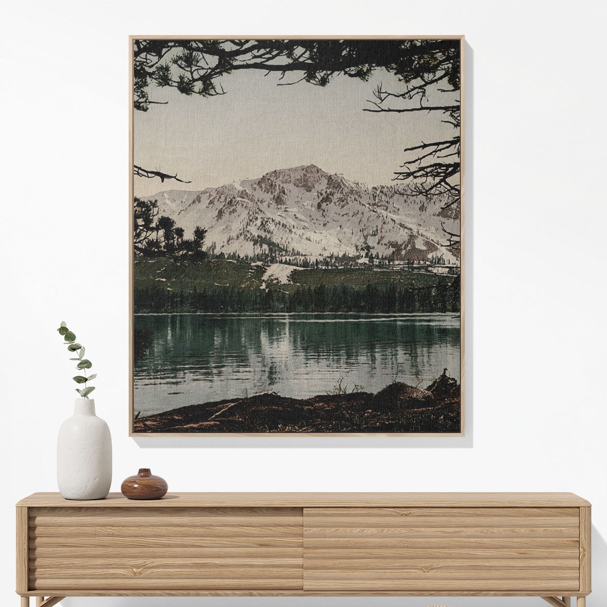 Snowy Mountains Woven Blanket Hanging on a Wall as Framed Wall Art