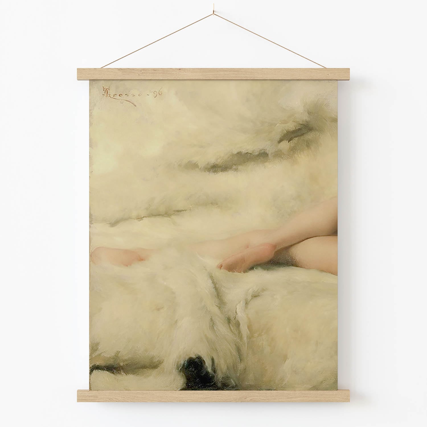 Womans Legs on a White Fur Blanket Art Print in Wood Hanger Frame on Wall