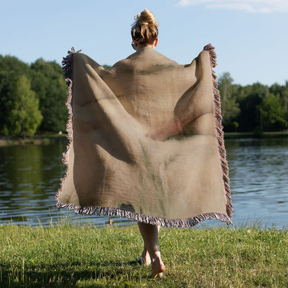 Soft Aesthetic Woven Blanket Held on a Woman's Back Outside