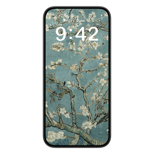 Spring phone wallpaper background with almond blossom design shown on a phone lock screen, instant download available.