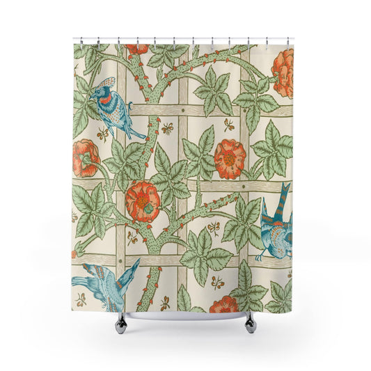 Plants and Birds Shower Curtain with spring pattern design, nature-inspired bathroom decor featuring seasonal themes.