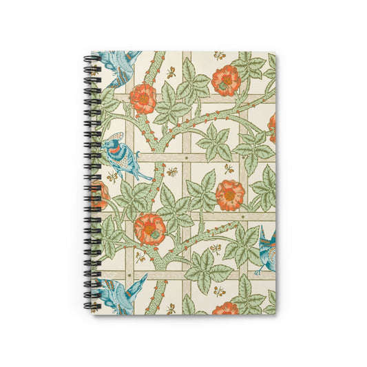 Plants and Birds Notebook with Spring Pattern cover, ideal for journaling and planning, featuring a lively spring pattern of plants and birds.