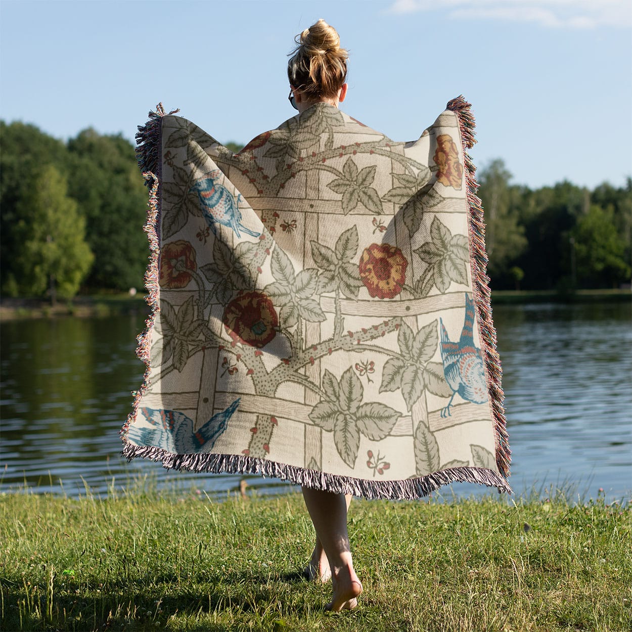 Spring Pattern Woven Blanket Held on a Woman's Back Outside
