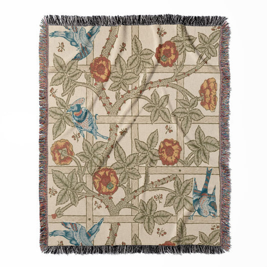 Plants and Birds woven throw blanket, crafted from 100% cotton, offering a soft and cozy texture with a spring pattern for home decor.