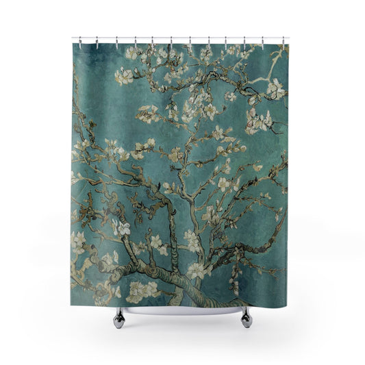 Spring Shower Curtain with almond blossom design, botanical bathroom decor featuring vibrant spring flowers.