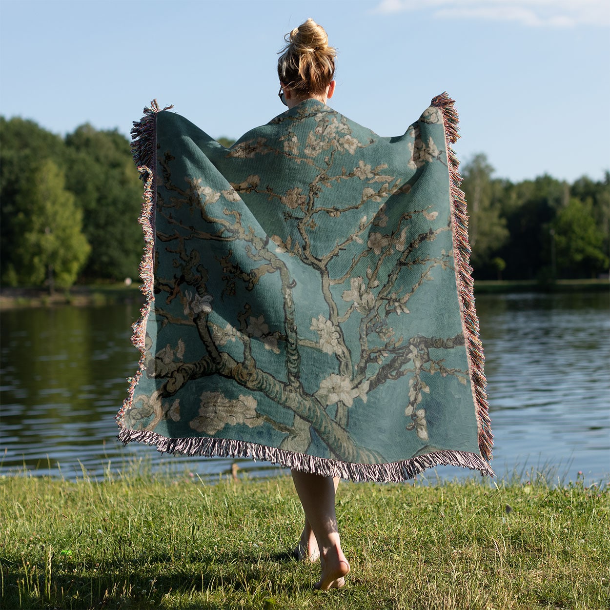 Spring Woven Blanket Held on a Woman's Back Outside