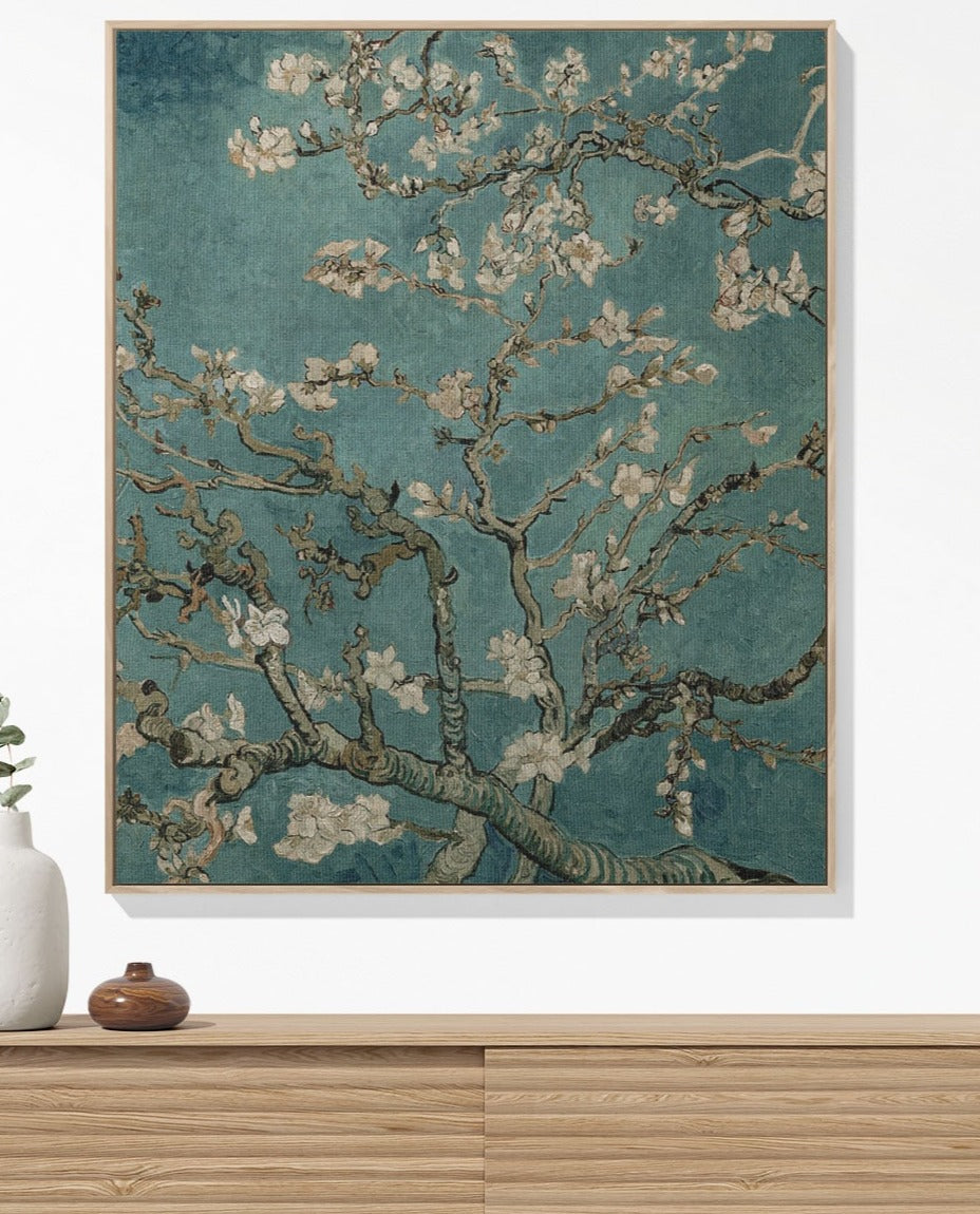 Spring woven throw blanket, made of 100% cotton, providing a soft and cozy texture with an almond blossom by Vincent Van Gogh design for home decor hanging on wall.