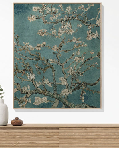 Spring woven throw blanket, made of 100% cotton, providing a soft and cozy texture with an almond blossom by Vincent Van Gogh design for home decor hanging on wall.